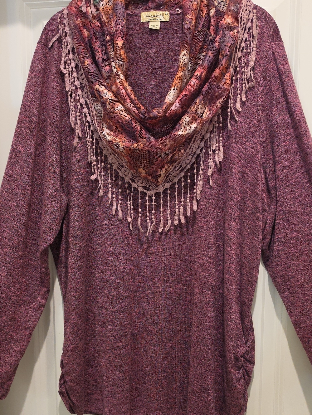 One World Super SoftPlum Heather Knit Pullover with Multi-Color Fringe Scarf 3x